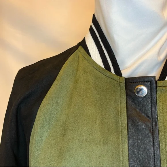 SoNo Chic Varsity Faux Suede Green Maxi Front Snap Jacket - Picture 7 of 14